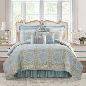 Waterford Jonet Cream/Aqua 6 Piece Comforter Set in King- Final Sale